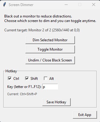 Obscura Screen Dimmer application window showing monitor selection, dim controls, and hotkey settings